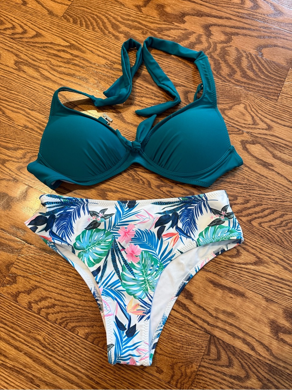 Teal Halter Bikini Top with Tropical Print Bikini Bottom - Women's Swim